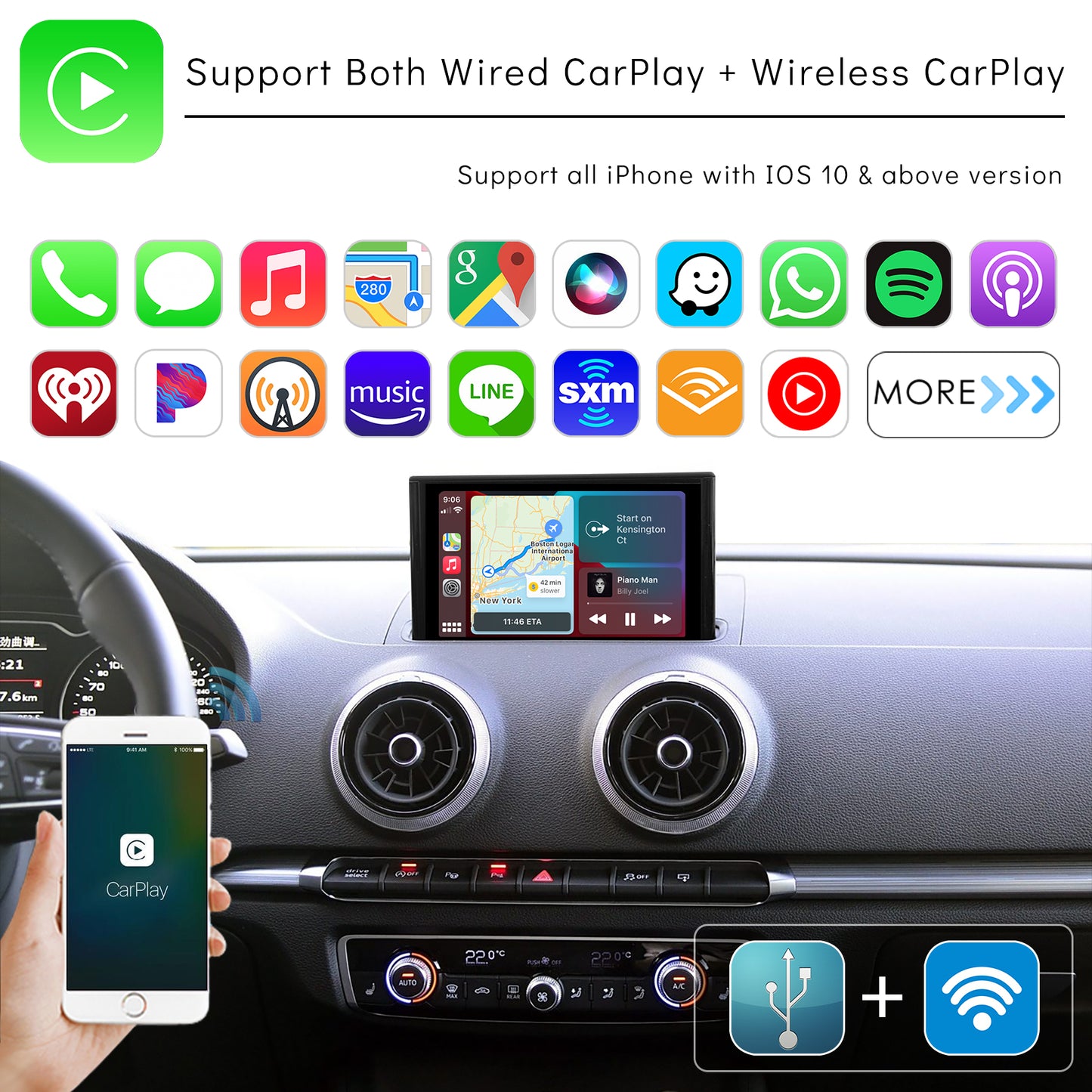 CarProKit for Audi A1 A3 A4 A5 A6 A7 A8 Q2 Q3 Q5 Q7 2010-2019 Wireless Apple CarPlay Android Auto Retrofit Kit + Front & Reverse Backup Camera