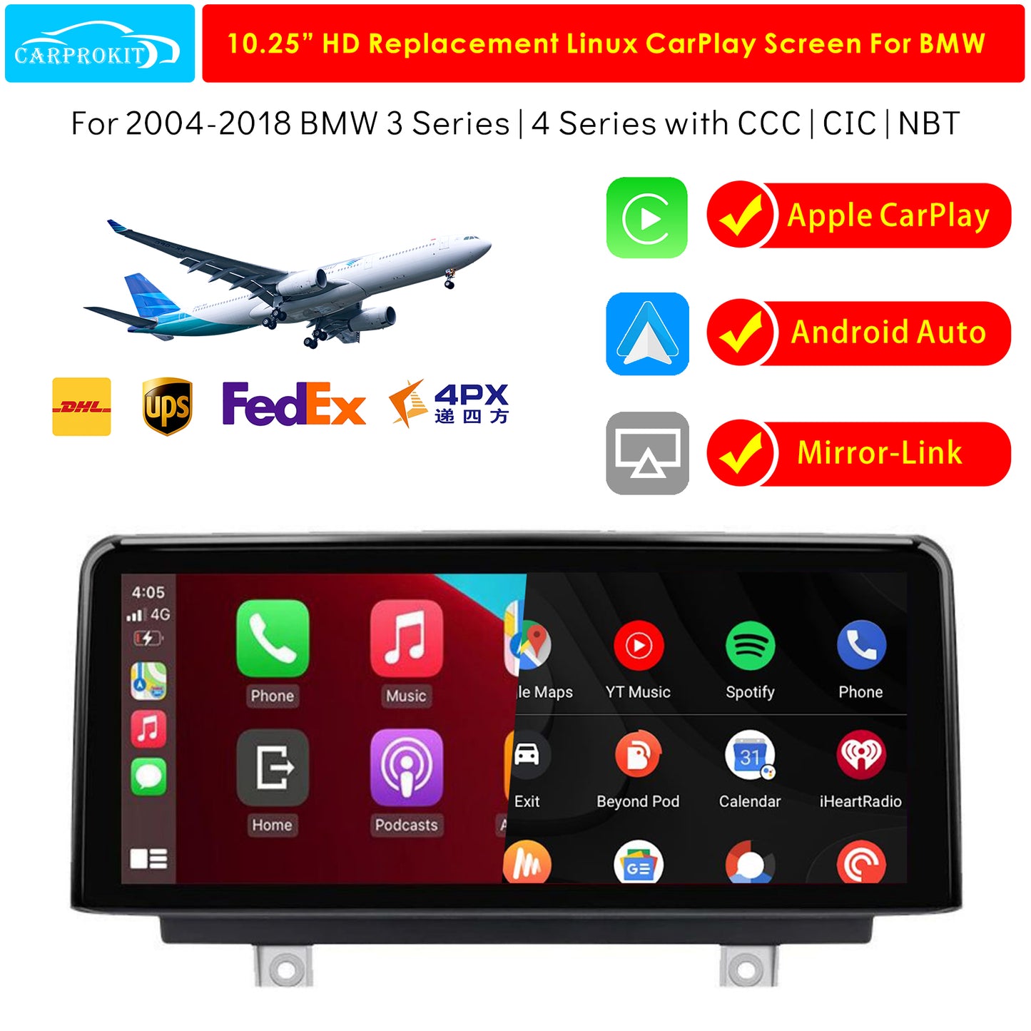 CarProKit Wireless CarPlay Android Auto Mirror-Link 10.25" Linux Replacement Touch Screen Kit for 2004-2018 BMW 3/4 Series with CCC CIC NBT System