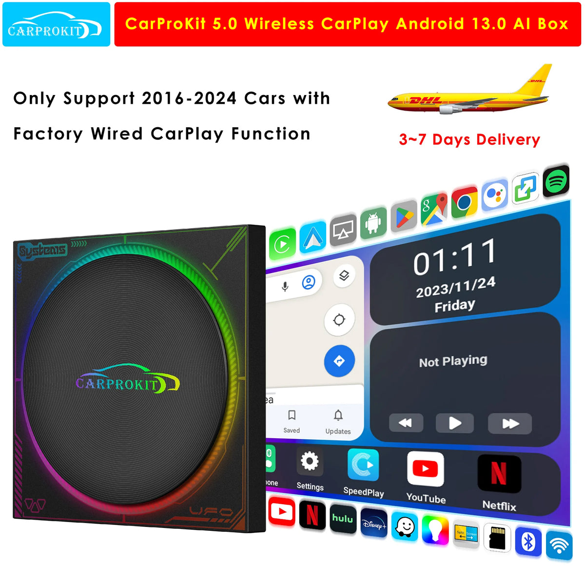 CarProKit 5.0 Wireless Apple CarPlay Android Auto Android 13.0 AI Box Screen Mirroring Built-in YouTube Netflix Hulu Disney+ QCM6225 8GB+128GB