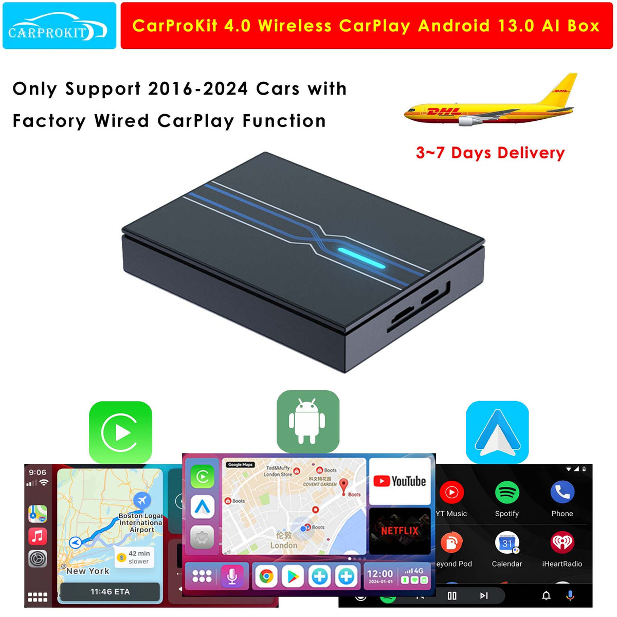 CarProKit 4.0 Wireless CarPlay Android Auto Mirroring Adapter Android 13.0 YouTube Netflix AI Box for 2016-2024 Cars with Factory Wired CarPlay