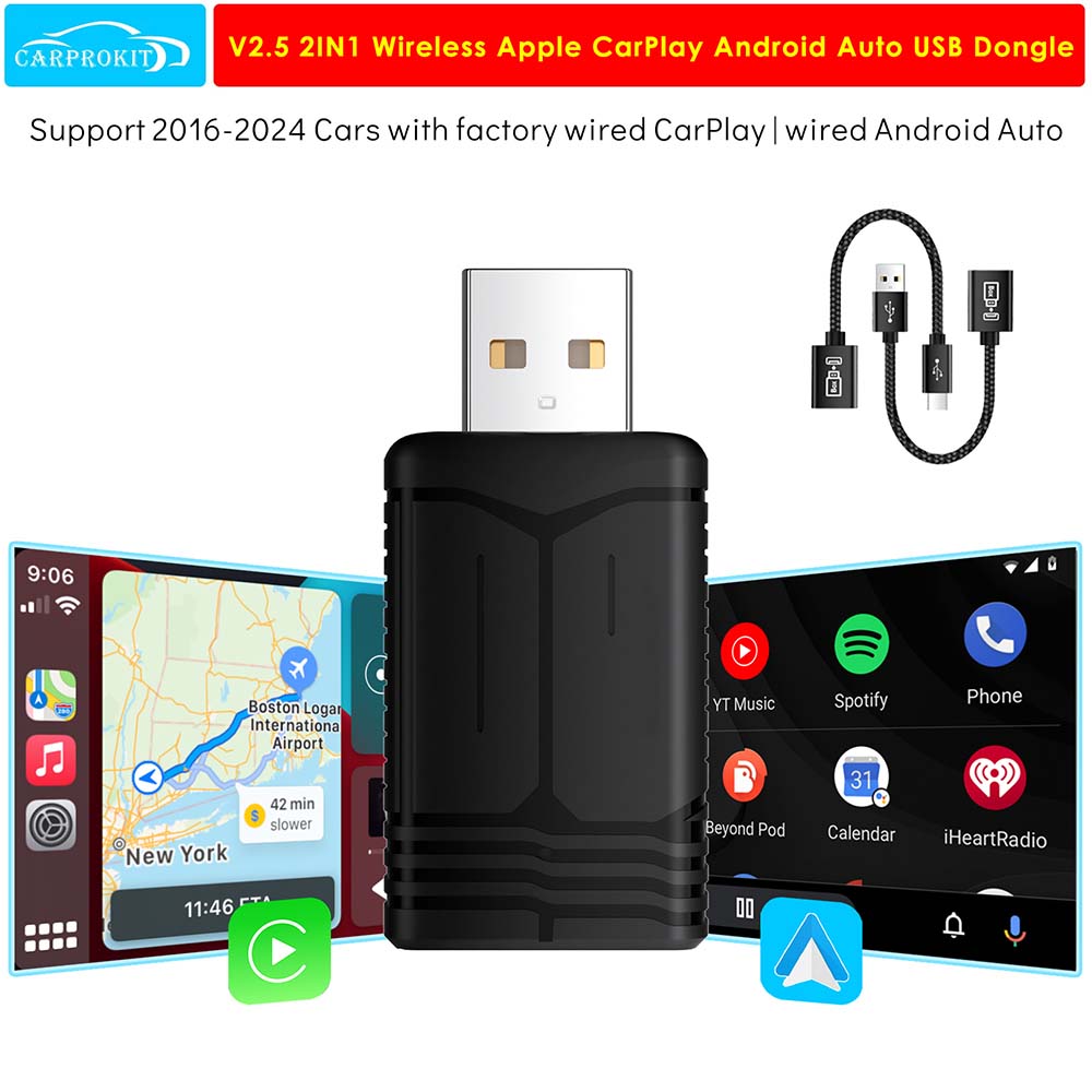 CarProKit V2.5 Wireless Apple CarPlay Android Auto Adapter Mini USB Dongle Plug & Play for 2016-2024 Cars with Factory Wired CarPlay | Android Auto