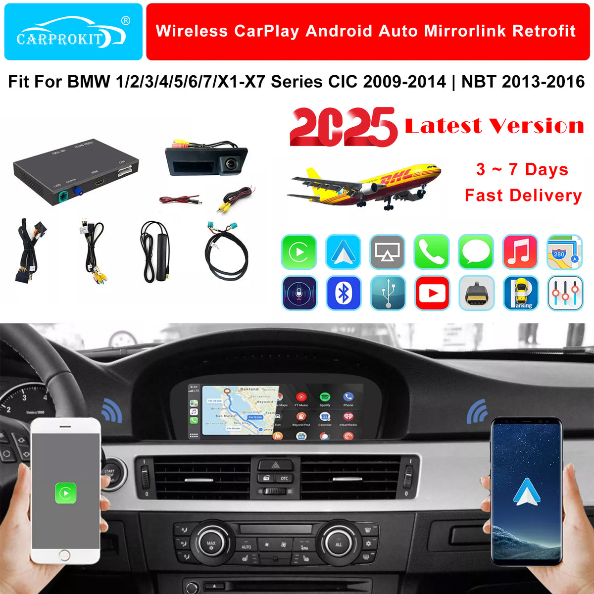 CarProKit for BMW Wireless CarPlay Android Auto Retrofit Kit + Backup Camera Support BMW 1/2/3/4/5/6/7 Series X1-X7 CIC | NBT System 2009-2016