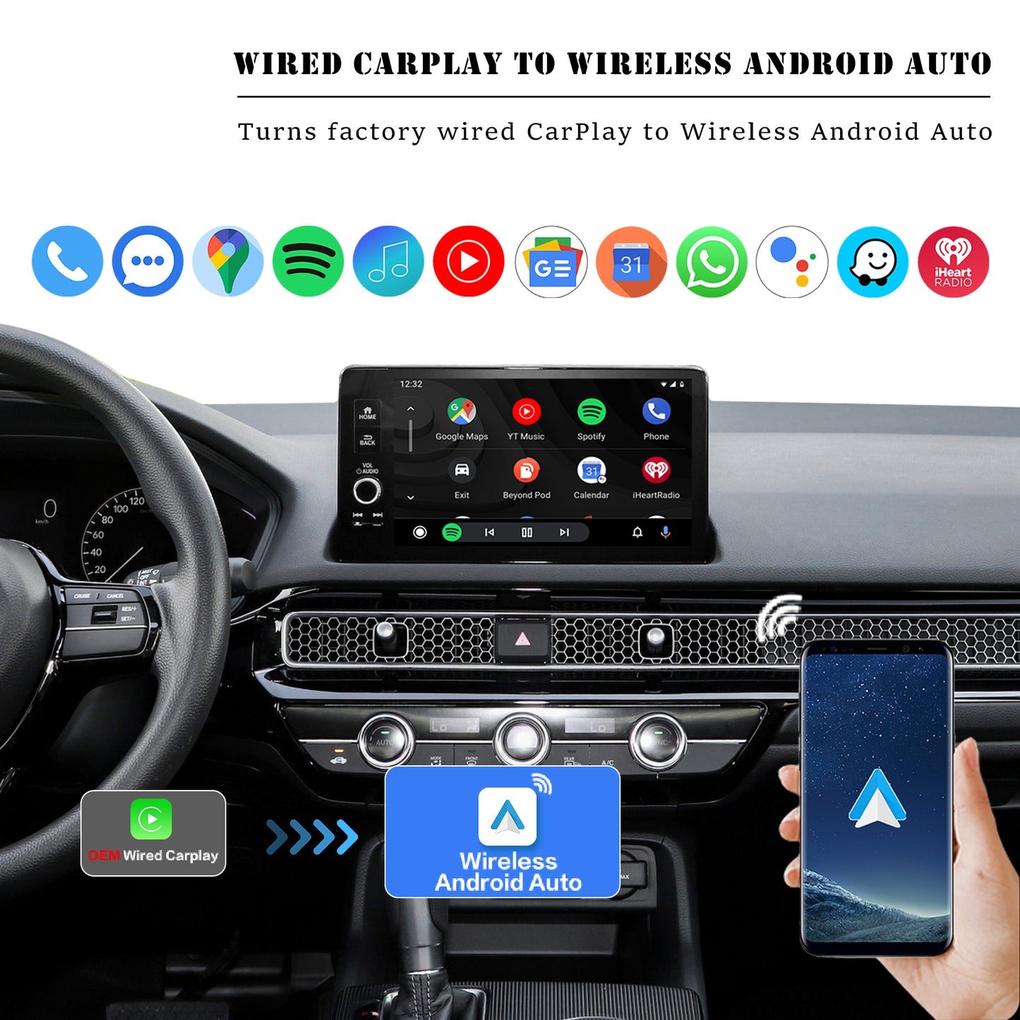 5IN1 Wireless Apple CarPlay Android Auto Adapter Car Screen Mirroring Android 13.0 AI Box Built-in YouTube Netflix Hulu Disney+ QCM6225 8GB+128GB