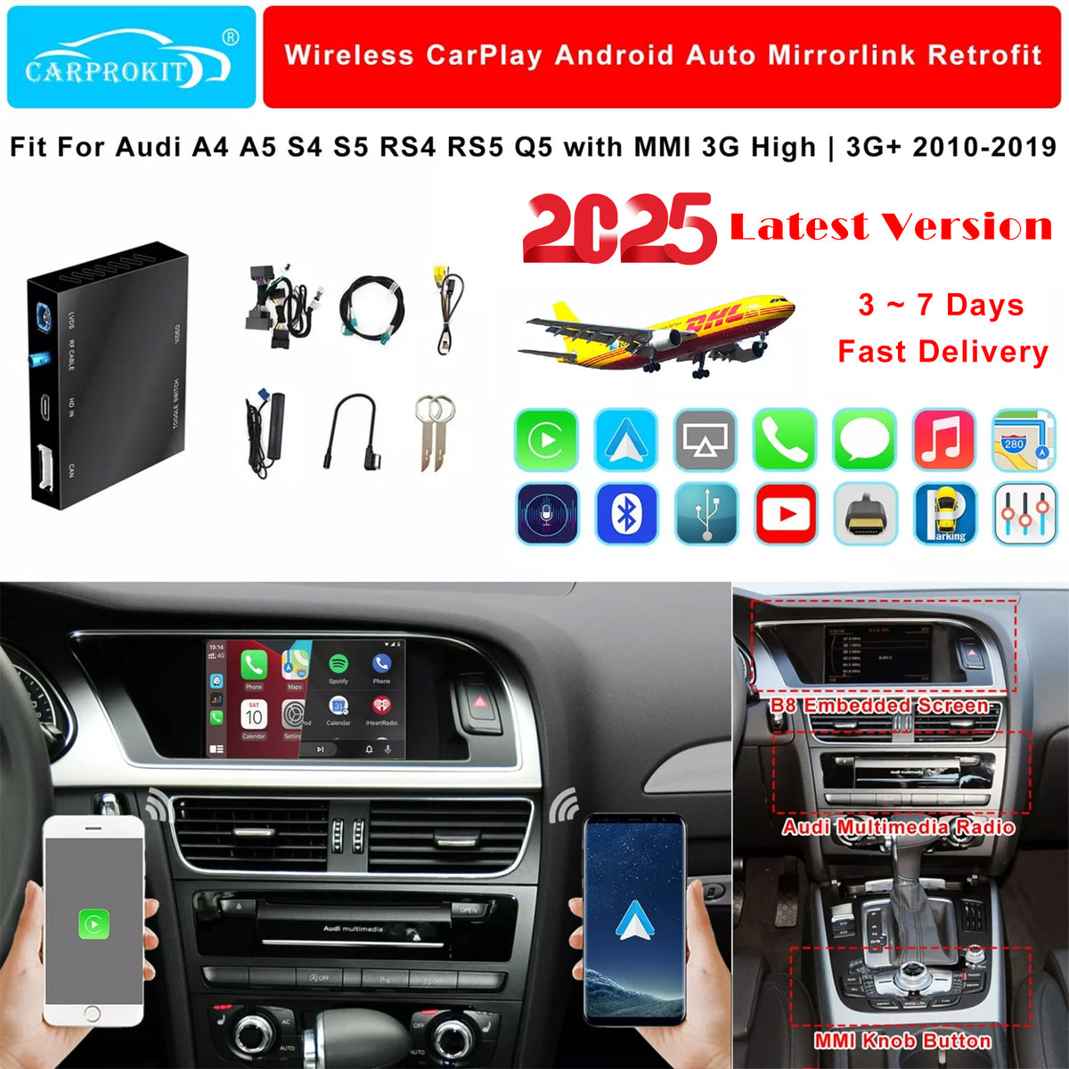 CarProKit for Audi A4 A5 S4 S5 RS4 RS5 Q5 B8 MMI 3G 2010-2019 Wireless Apple CarPlay Android Auto Retrofit Kit