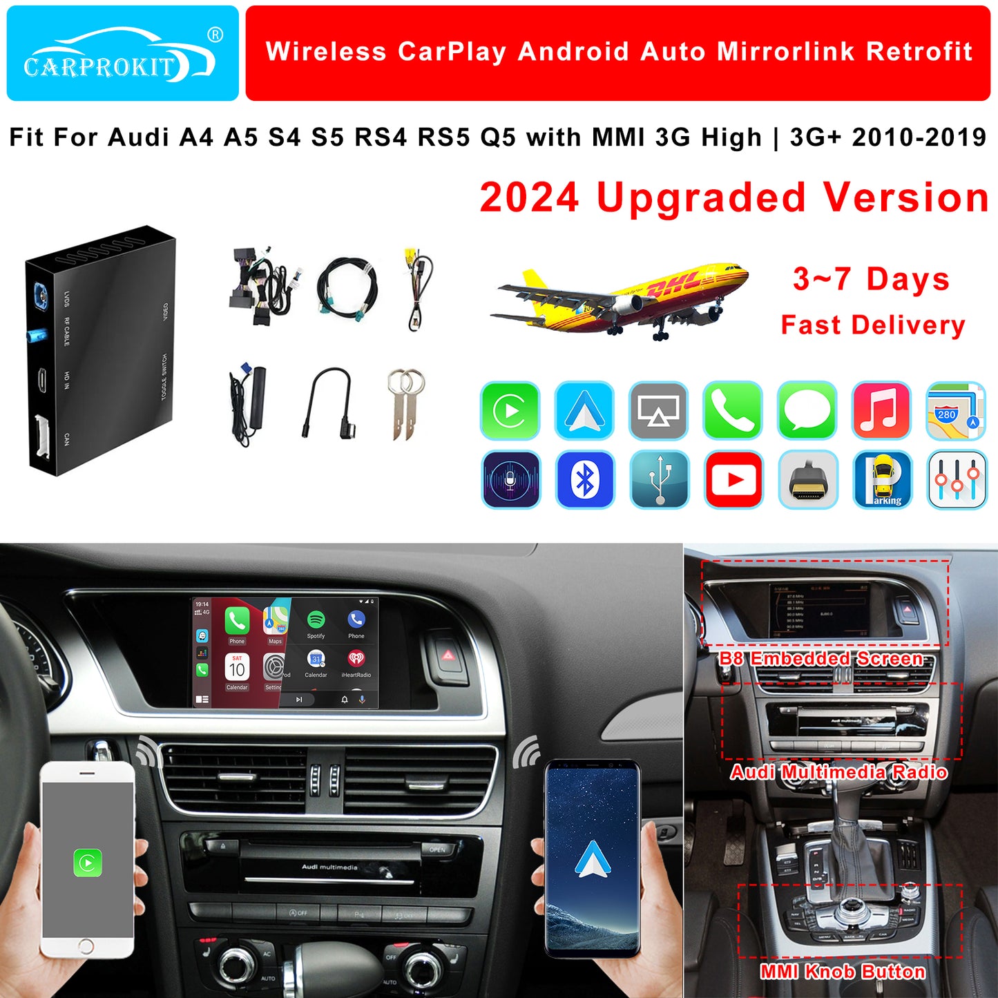 CarProKit for Audi A4 A5 S4 S5 RS4 RS5 Q5 B8 MMI 3G 2010-2019 Wireless Apple CarPlay Android Auto Retrofit Kit