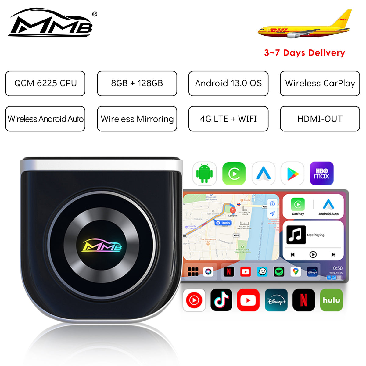 MMB MAX 6.0 Wireless CarPlay Android Auto Adapter Android 13.0 4G LTE WIFI HDMI Video AI Box 8GB+128GB For 2016-2024 Cars with Factory Wired CarPlay